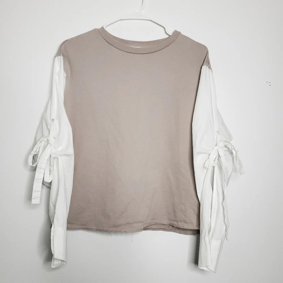 A Pictures Worth Womens Colorblock Top Medium Tan White Roll Up Sleeve S… - Picture 1 of 9